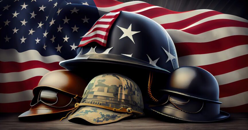 American flag on military helmets